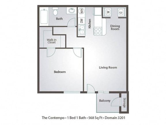 A floor plan of a one bedroom apartment with a bath, kitchen, living room, and balcony.