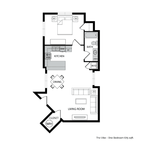 A black and white diagram of a one bedroom apartment layout.