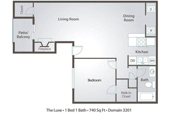 A floor plan of a one bedroom apartment with a bath.