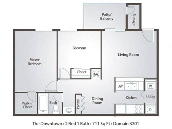 A floor plan of a one bedroom apartment with a master bedroom and a living room.