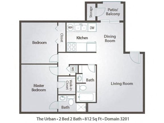 A floor plan of a two bedroom apartment with a living room, kitchen, and two bathrooms.