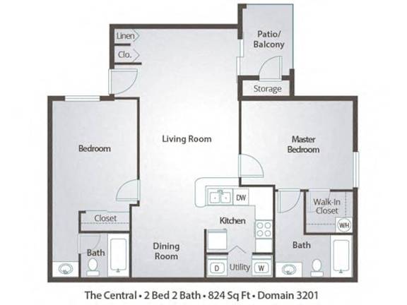 A floor plan of a home with two bedrooms, two bathrooms, a living room, a dining room, a kitchen, a walk-in closet, and a patio/balcony.