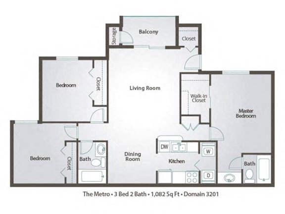 A floor plan of a 3 bedroom apartment with a balcony and a living room.