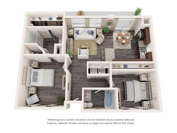 A 3D floor plan of a house with a living room, kitchen, dining room, and two bedrooms.