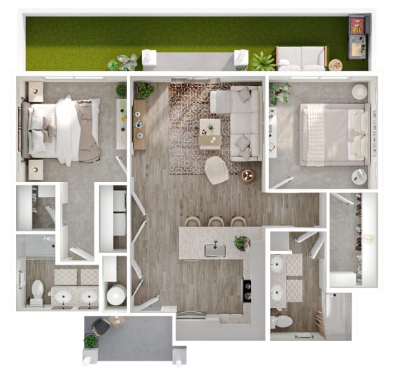 a 3d floor plan of a home with a bedroom and a living room