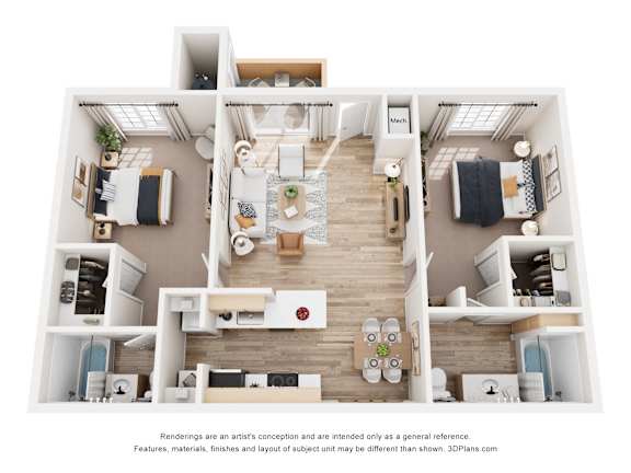 A 3D floor plan of a house with a kitchen, living room, and bedrooms.