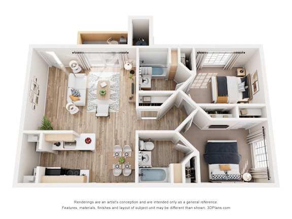 A 3D floor plan of a house with a kitchen, living room, and bedrooms.