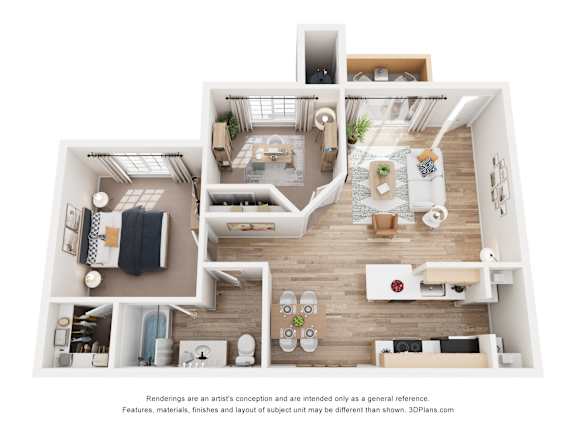 A 3D floor plan of a house with a kitchen, living room, and bathroom.