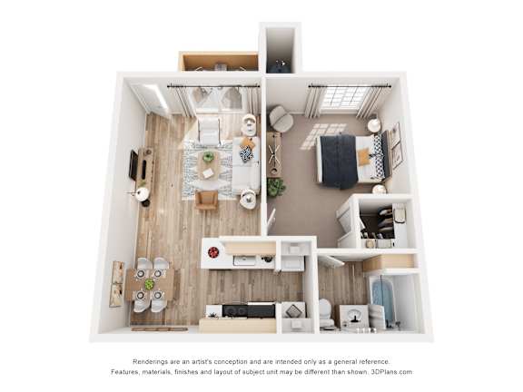 A 3D floor plan of a small apartment with a kitchen, living room, and bathroom.