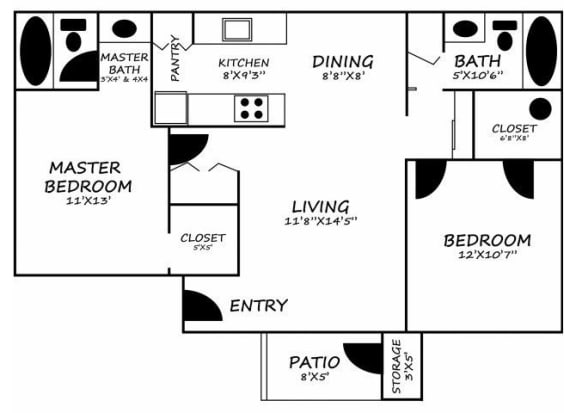 Saguaro Villas 2 bedroom 2 bathroom apartments for rent floor plan Tucson, AZ
