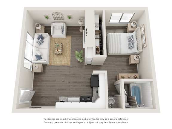A top-down view of a small apartment with a kitchen, living room, and bathroom.