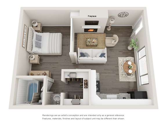 A top-down view of a small apartment layout with a bed, couch, and kitchen area.