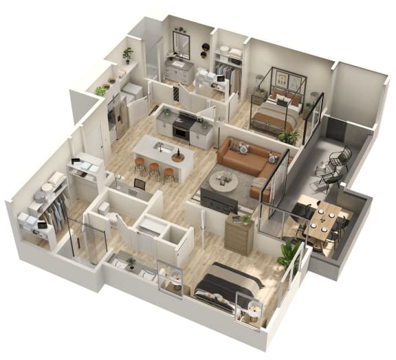 a 3d floor plan of a two bedroom apartment