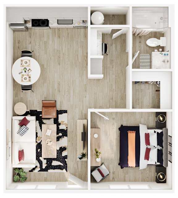 A top-down view of a well-organized living space with a dining area, kitchen, and bedroom.
