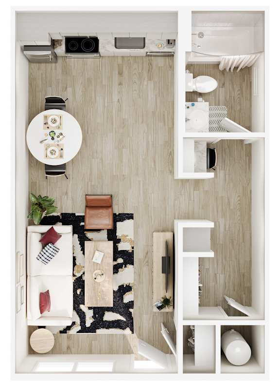 A small, neatly organized kitchen with a dining table and chairs.