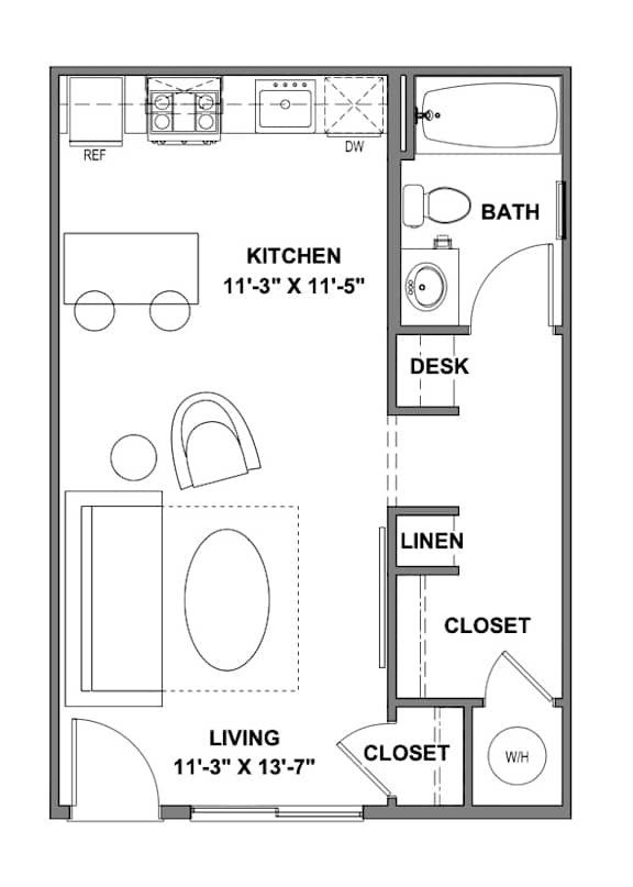 A floor plan of a small apartment with a kitchen, bathroom, and living room.