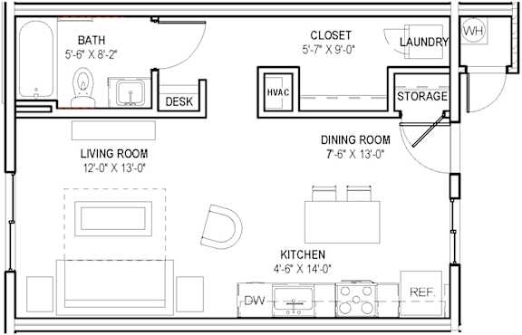 A floor plan of a small apartment with a living room, kitchen, dining room, bathroom, and laundry room.