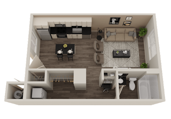 A top-down view of a modern apartment layout with a living room, kitchen, and bedroom.