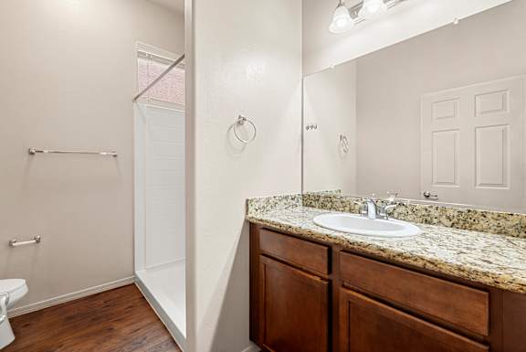 A bathroom with a marble countertop and a toilet.