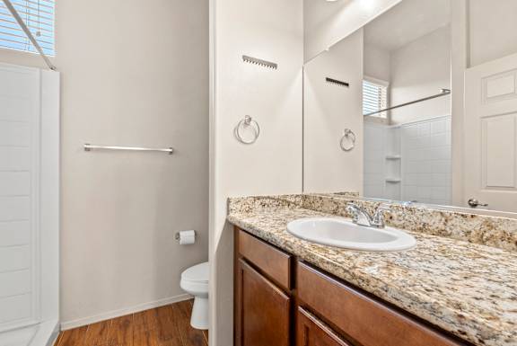 A bathroom with a granite countertop and a towel rack.