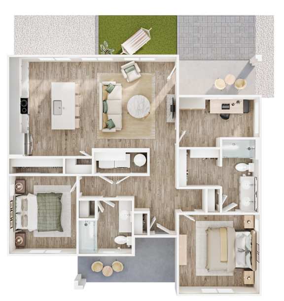 A top-down view of a house layout with a kitchen, living room, and bathrooms.