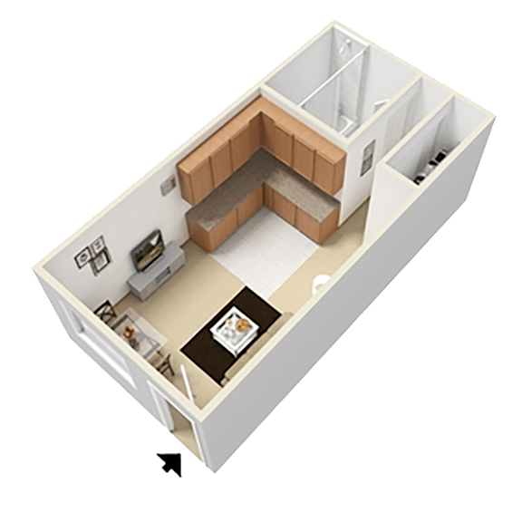 A 3D image of a house layout with a kitchen, living room, and bathroom.
