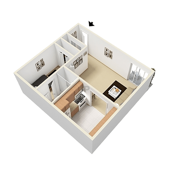 A 3D image of a house layout with a kitchen, living room, and two bedrooms.