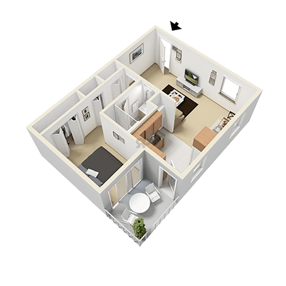 A 3D image of a house layout with a kitchen, living room, and two bedrooms.