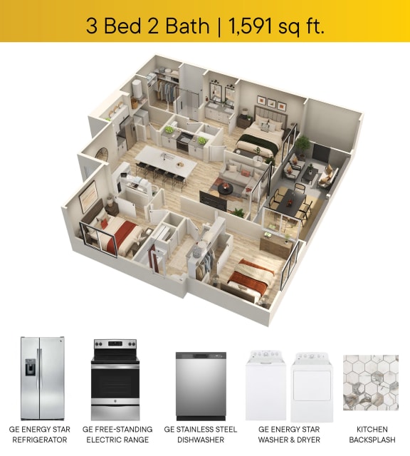 Three Bedroom Floorplan applaince callouts with patio square ft