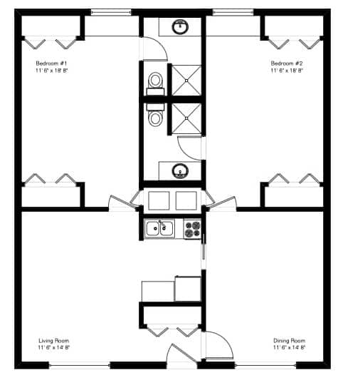 A black and white image of a floor plan for a two bedroom apartment.