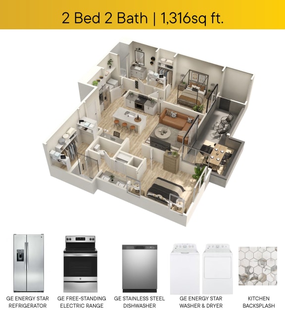 Two Bedroom Floorplans with appliance callouts and patio square ft