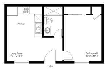 A floor plan of a small apartment with a living room, kitchen, and two bedrooms.