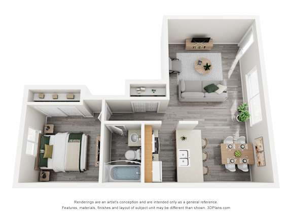 A 3D rendering of a modern, minimalist apartment with a kitchen, living room, and bathroom.