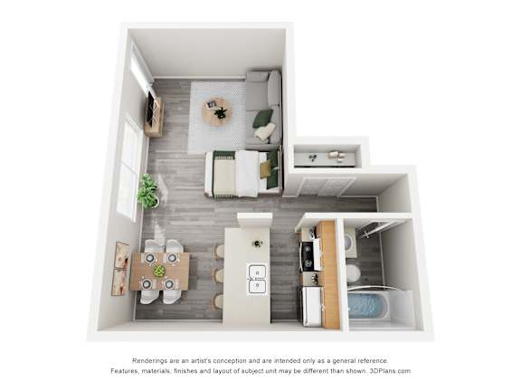 A 3D floor plan of a small apartment with a kitchen, living room, and bedroom.