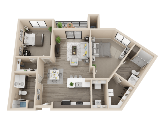 2 bedroom 2 bathroom 1250 sq ft floor plan image at V on Broadway