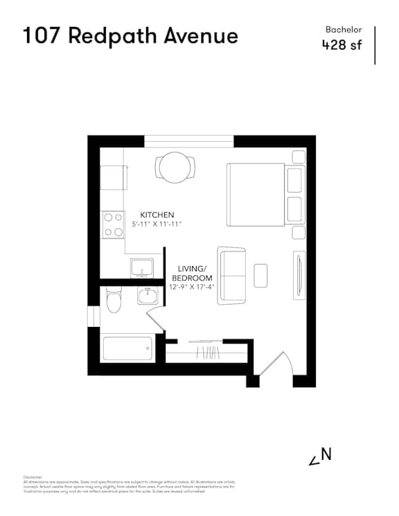 A floor plan for a Bachelor apartment at 107 Redpath Avenue.