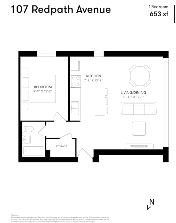 1 Bed Floor Plan at 107 Redpath, Toronto, M4S 2J9