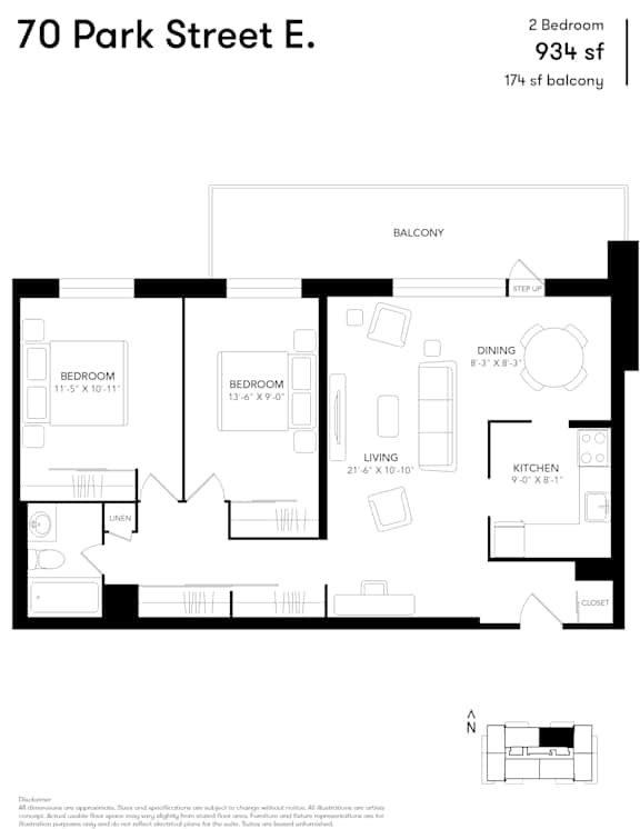 A floor plan for a 2 bedroom, 934 square foot apartment with a balcony. at 70 Park, California, L5G 1M5