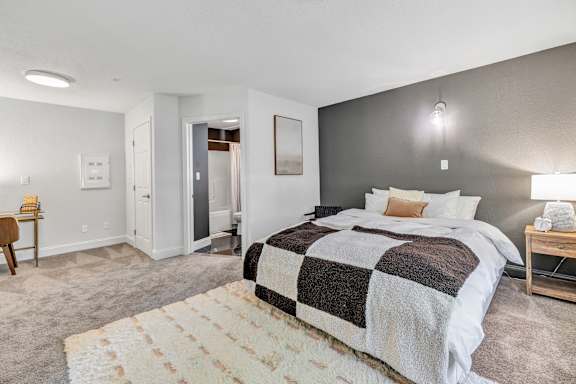 a bedroom with a bed and a rug