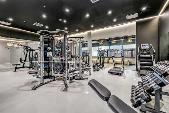 a gym with weights and cardio equipment at the mansion at Up House, Farmington, Connecticut