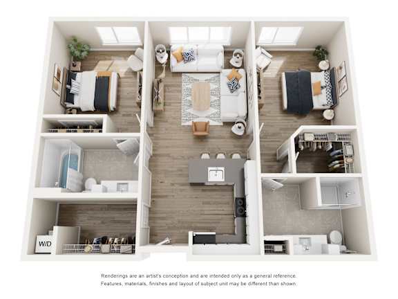 A top-down view of a modern apartment layout.