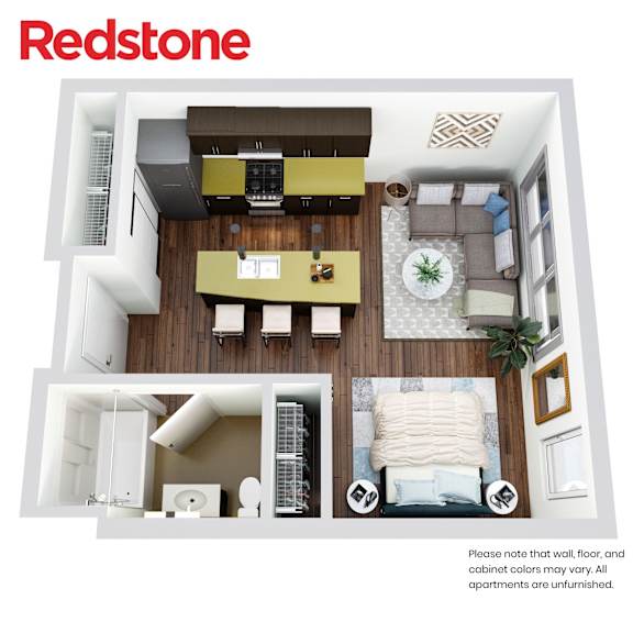 A Redstone apartment interior with a kitchen, living room, and bathroom.