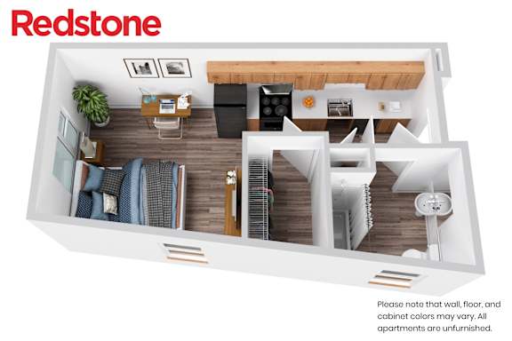Floor Plan  A Redstone apartment interior with a kitchen, living room, and bedrooms.