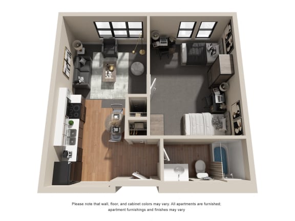 a stylized floor plan with a bedroom and living room