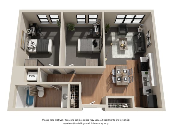 a stylized floor plan with two bedrooms and one bed in each room