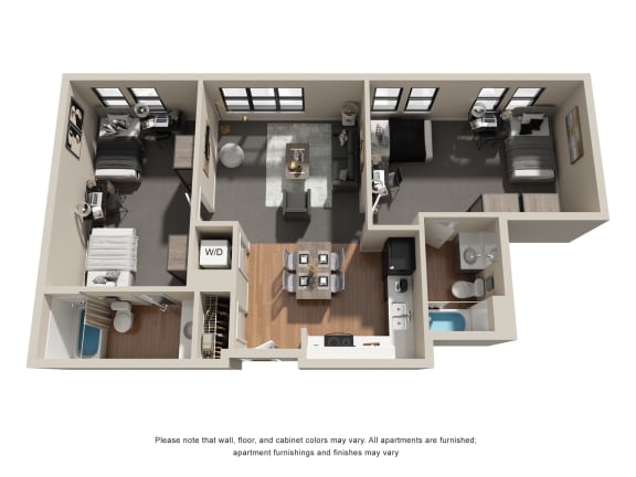 a stylized floor plan with two bedrooms and two beds in each room