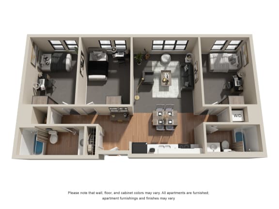a stylized floor plan with three bedrooms and one bed in each room