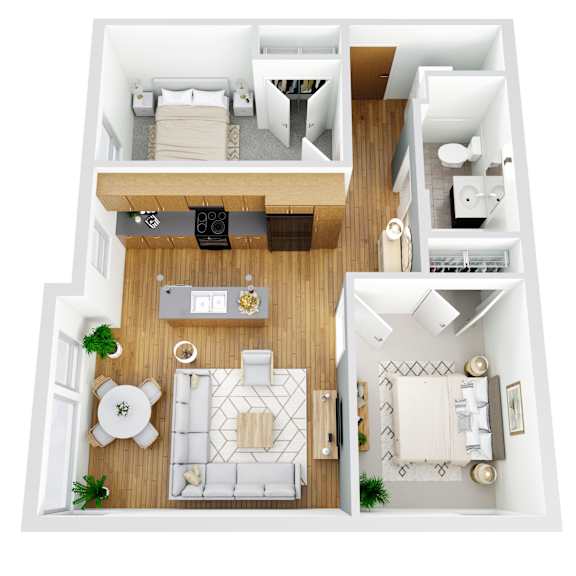 A top-down view of a modern apartment layout with a living room, kitchen, and bathroom.