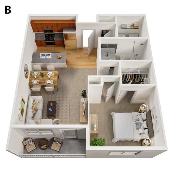 A top down view of a modern apartment layout.