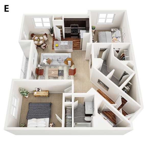 A top-down view of a small apartment with a living room, kitchen, and bedroom.